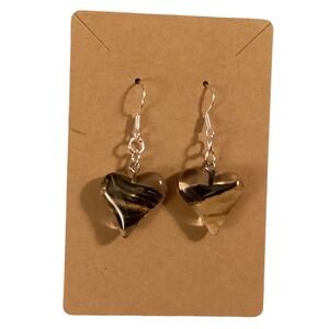 Heart Dangle Earrings Silver Tone Clear with Black and Gold‎ Inclusions